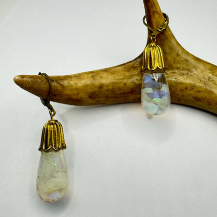 Vintage White Fire Floating Opal Earrings Gold Bronze Lever backs