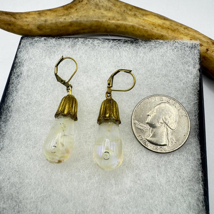 Vintage White Fire Floating Opal Earrings Gold Bronze Lever backs