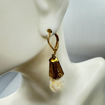 Vintage White Fire Floating Opal Earrings Gold Bronze Lever backs