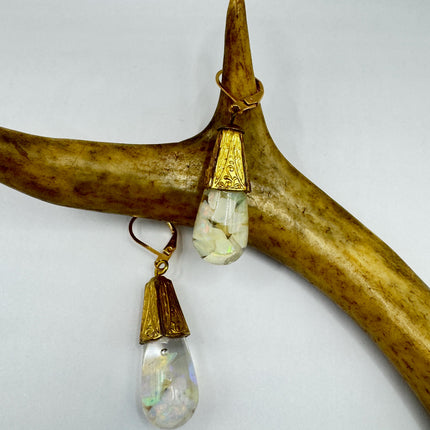 Vintage White Fire Floating Opal Earrings Gold Bronze Lever backs