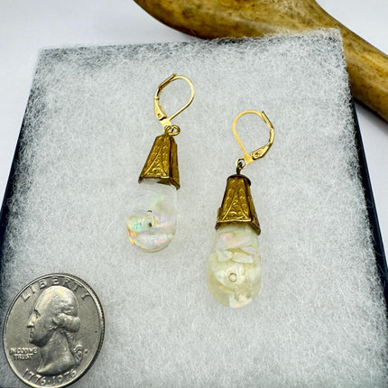 Vintage White Fire Floating Opal Earrings Gold Bronze Lever backs
