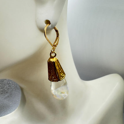 Vintage White Fire Floating Opal Earrings Gold Bronze Lever backs