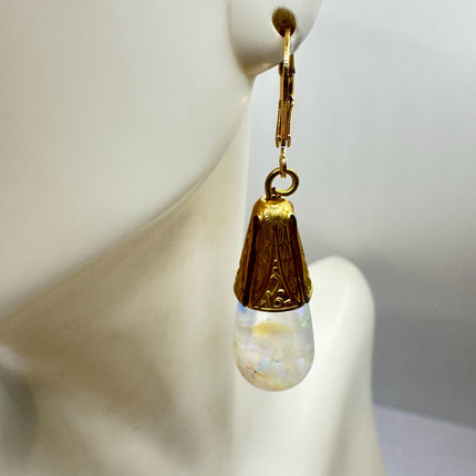 Vintage White Fire Floating Opal Earrings Gold Bronze Lever backs