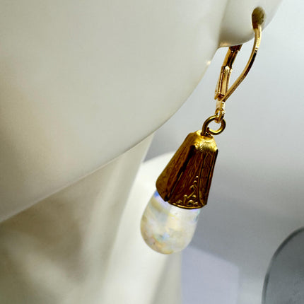 Vintage White Fire Floating Opal Earrings Gold Bronze Lever backs