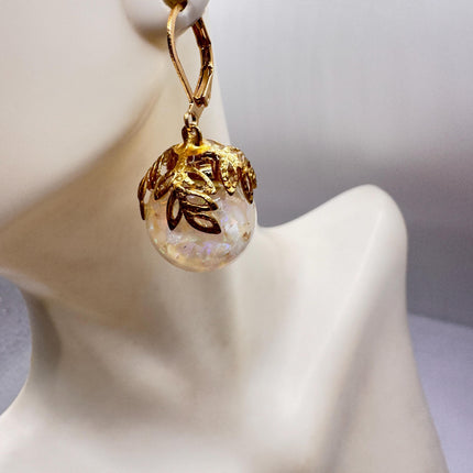 Vintage White Fire Floating Opal Earrings Gold Bronze Lever backs