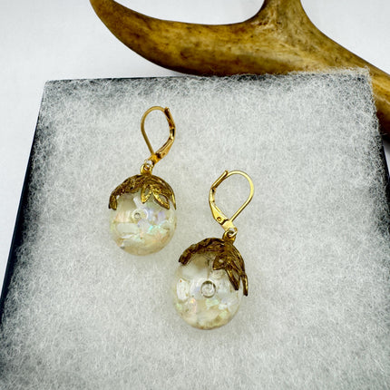 Vintage White Fire Floating Opal Earrings Gold Bronze Lever backs