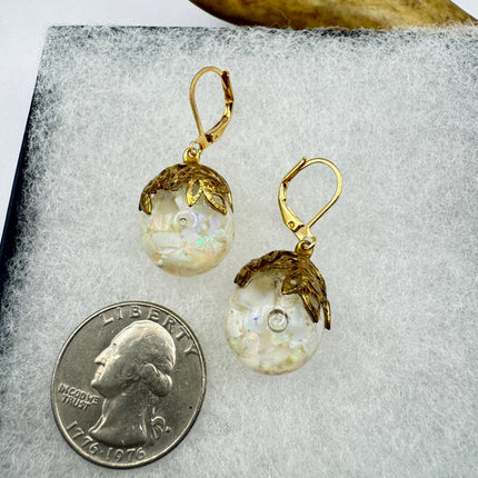 Vintage White Fire Floating Opal Earrings Gold Bronze Lever backs