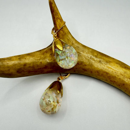 Vintage Black Fire Floating Opal Earrings Gold 925 Sterling Silver Lever backs