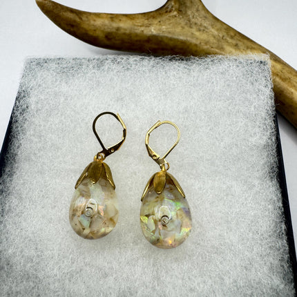 Vintage Black Fire Floating Opal Earrings Gold 925 Sterling Silver Lever backs