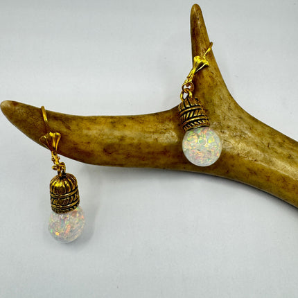 Vintage White Fire Floating Opal Earrings Gold Bronze Lever backs