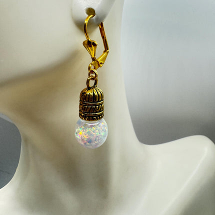 Vintage White Fire Floating Opal Earrings Gold Bronze Lever backs