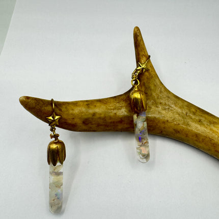Vintage White Fire Floating Opal Earrings Gold Bronze Lever backs