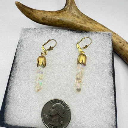 Vintage White Fire Floating Opal Earrings Gold Bronze Lever backs