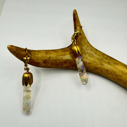 Vintage White Fire Floating Opal Earrings Gold Bronze Lever backs
