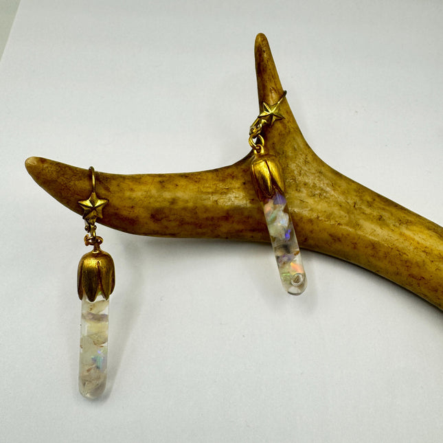 Vintage White Fire Floating Opal Earrings Gold Bronze Lever backs