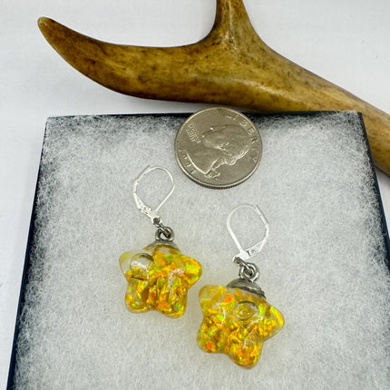 Vintage Golden Fire Floating Opal Star Earrings Gold Bronze Lever backs