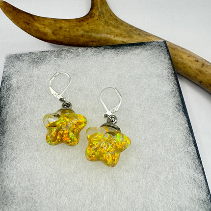 Vintage Golden Fire Floating Opal Star Earrings Gold Bronze Lever backs