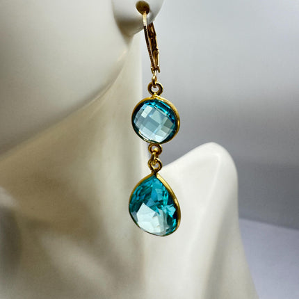 Vintage Aqua Glass Dangle Earrings Gold 925 Sterling Silver Leverbacks