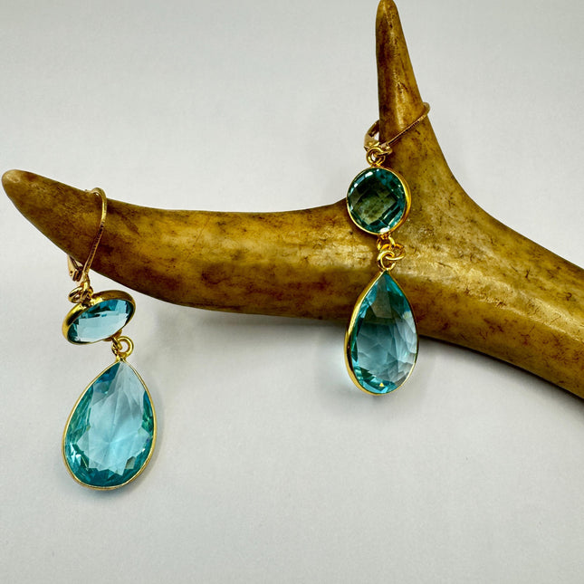 Vintage Aqua Glass Dangle Earrings Gold 925 Sterling Silver Leverbacks