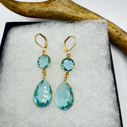 Vintage Aqua Glass Dangle Earrings Gold 925 Sterling Silver Leverbacks