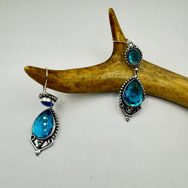 Vintage Aqua Blue Glass Silver Earrings | 925 Sterling Silver Lever Backs
