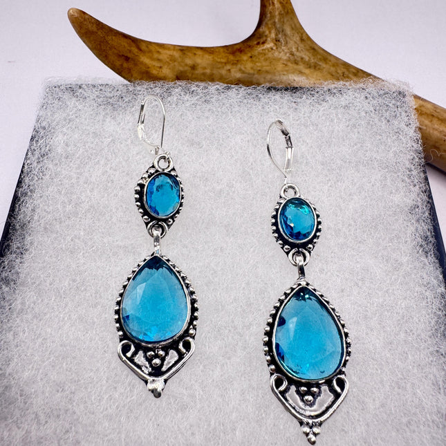Vintage Aqua Blue Glass Silver Earrings | 925 Sterling Silver Lever Backs