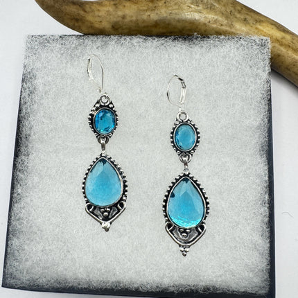 Vintage Aqua Blue Glass Silver Earrings | 925 Sterling Silver Lever Backs