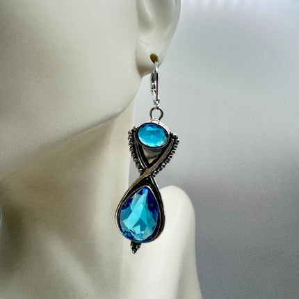 Vintage Aqua Blue Glass Silver Earrings | 925 Sterling Silver Lever Backs