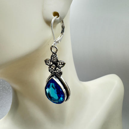 Vintage Aqua Blue Glass Silver Earrings | 925 Sterling Silver Lever Backs