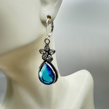 Vintage Aqua Blue Glass Silver Earrings | 925 Sterling Silver Lever Backs