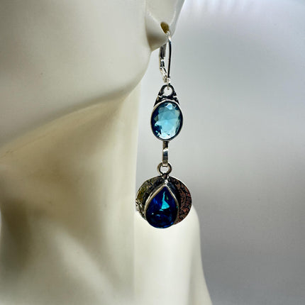 Vintage Aqua Blue Glass Silver Earrings | 925 Sterling Silver Lever Backs