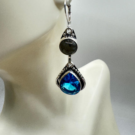 Vintage Aqua Blue Glass Labradorite Silver Earrings | 925 Sterling Silver Lever Backs