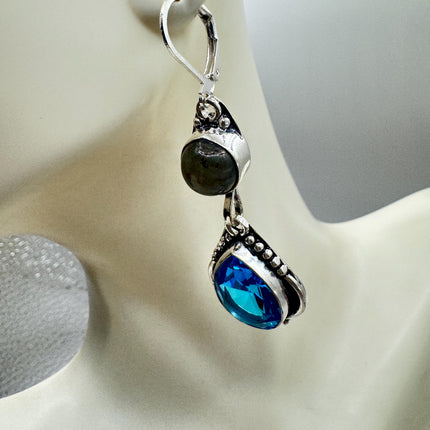 Vintage Aqua Blue Glass Labradorite Silver Earrings | 925 Sterling Silver Lever Backs
