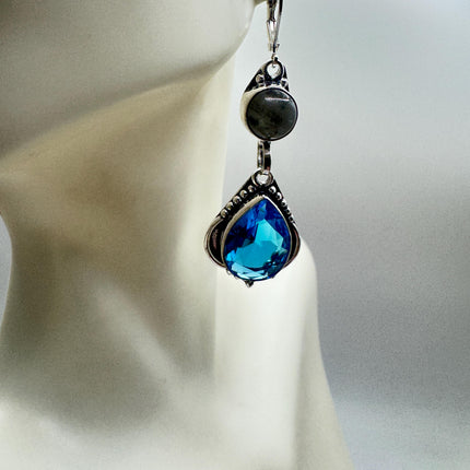 Vintage Aqua Blue Glass Labradorite Silver Earrings | 925 Sterling Silver Lever Backs