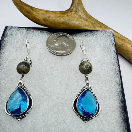 Vintage Aqua Blue Glass Labradorite Silver Earrings | 925 Sterling Silver Lever Backs