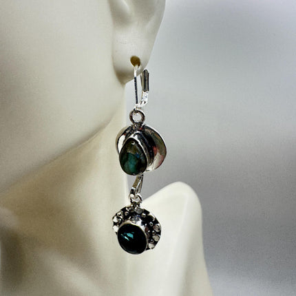 Vintage Aqua Blue Glass Labradorite Silver Earrings | 925 Sterling Silver Lever Backs