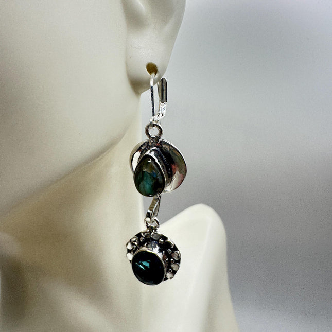 Vintage Aqua Blue Glass Labradorite Silver Earrings | 925 Sterling Silver Lever Backs