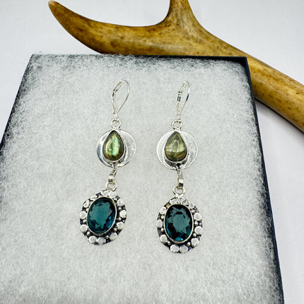 Vintage Aqua Blue Glass Labradorite Silver Earrings | 925 Sterling Silver Lever Backs
