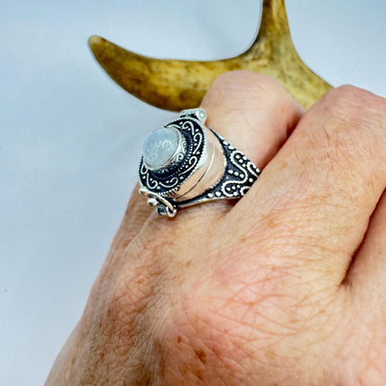 Vintage Rainbow Moonstone Poison Ring Silver Bronze