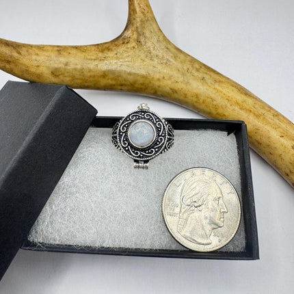 Vintage Rainbow Moonstone Poison Ring Silver Bronze