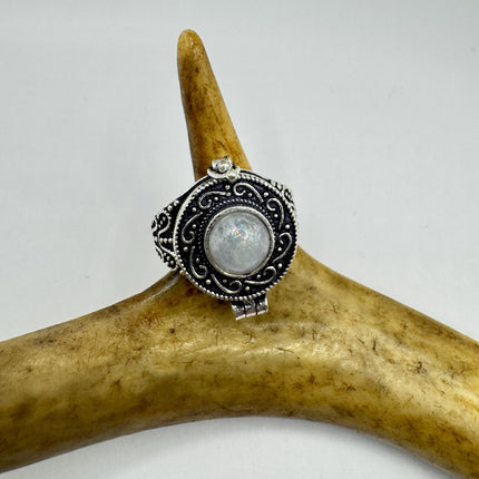 Vintage Rainbow Moonstone Poison Ring Silver Bronze