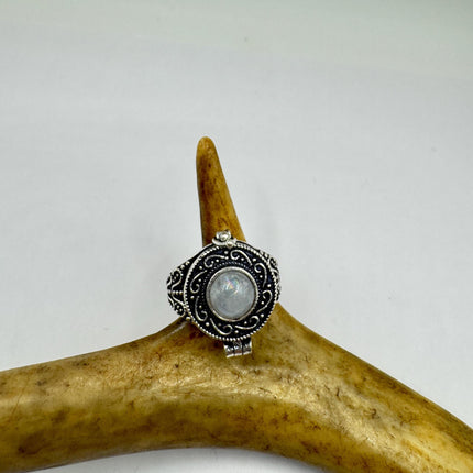 Vintage Rainbow Moonstone Poison Ring Silver Bronze