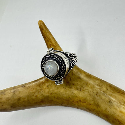 Vintage Rainbow Moonstone Poison Ring Silver Bronze