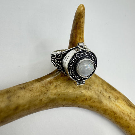 Vintage Rainbow Moonstone Poison Ring Silver Bronze