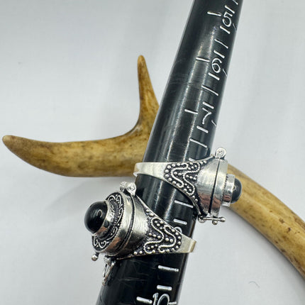 Vintage Poison Ring, Black Onyx Silver Bronze