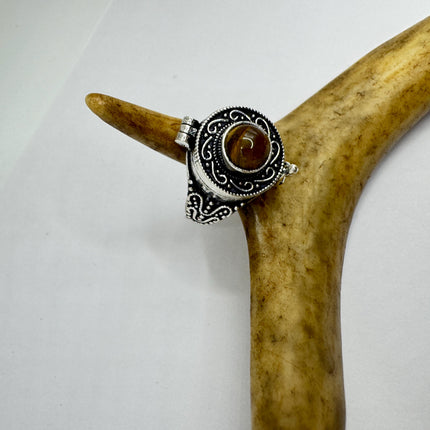 Vintage Poison Ring Tigers Eye Silver Bronze Pill Box Statement Ring