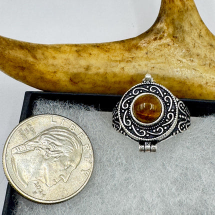 Vintage Poison Ring Tigers Eye Silver Bronze Pill Box Statement Ring