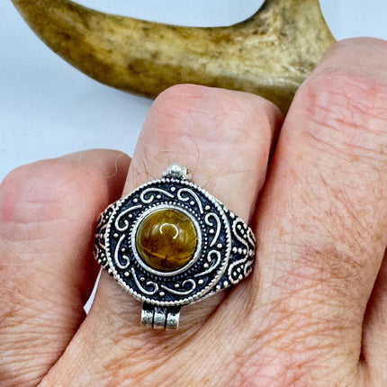 Vintage Poison Ring Tigers Eye Silver Bronze Pill Box Statement Ring