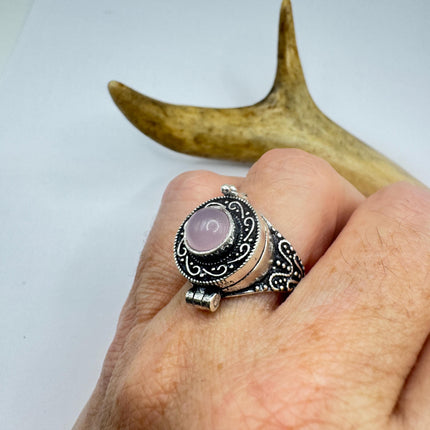 Vintage Silver Bronze Poison Ring | Rose Quartz | Statement Ring