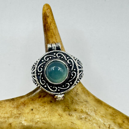 Vintage Silver Bronze Poison Ring Blue Chalcedony Statement Ring